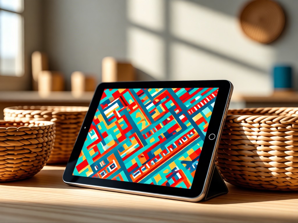A sleek tablet displaying textile patterns, propped against woven baskets in soft natural light. Blurred background shows a sunlit studio wall. No people.