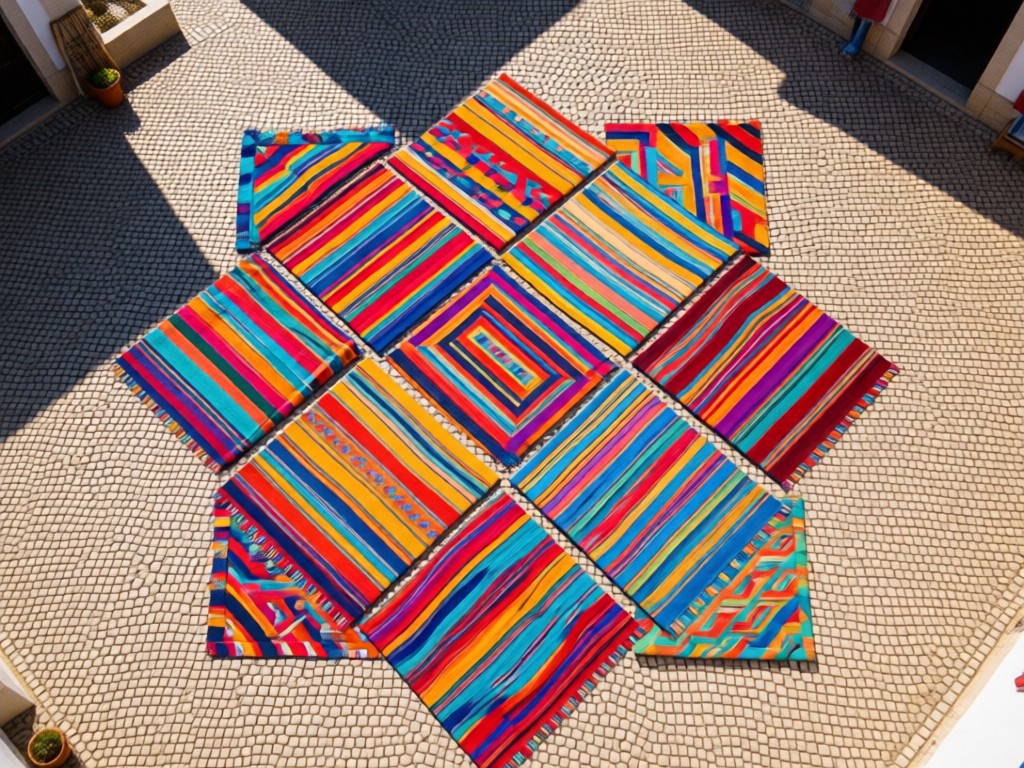 Aerial view of colorful traditional Portuguese wool blankets arranged in a sunlit geometric pattern on a cobblestone patio. The textiles represent diverse collections unified in one space. No people.