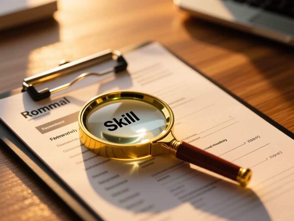 A magnifying glass resting on a resume, focusing on skill keywords. Golden hour light creates warm highlights on a wooden desk surface. Simple symbolic composition.