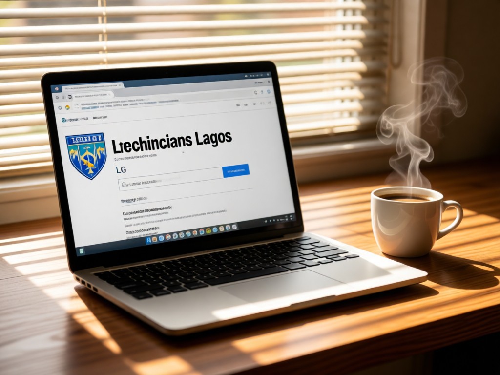 A laptop showing Google search results for 'LG technicians Lagos' beside a steaming Nigerian coffee cup on a wooden desk. Morning light through window blinds. No people.