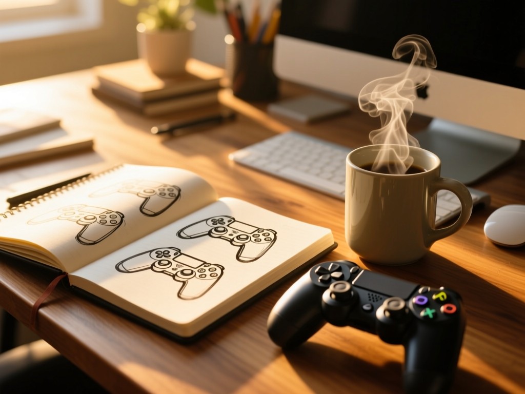 Open notebook with game controller sketches beside a steaming mug on wooden desk during golden hour, soft sunlight, shallow focus, creative workspace atmosphere, no visible text.