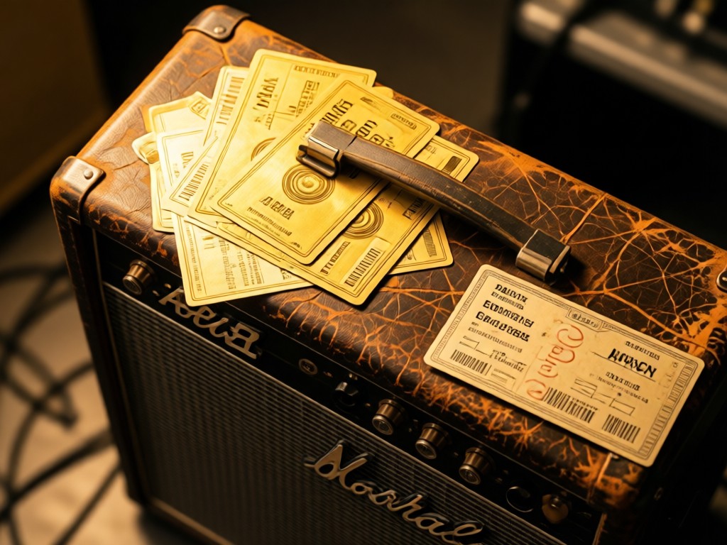 A bird's-eye view of backstage passes scattered on a vintage amplifier. Golden light highlights laminated textures against worn leather. Shallow focus creates intimate atmosphere. No people.