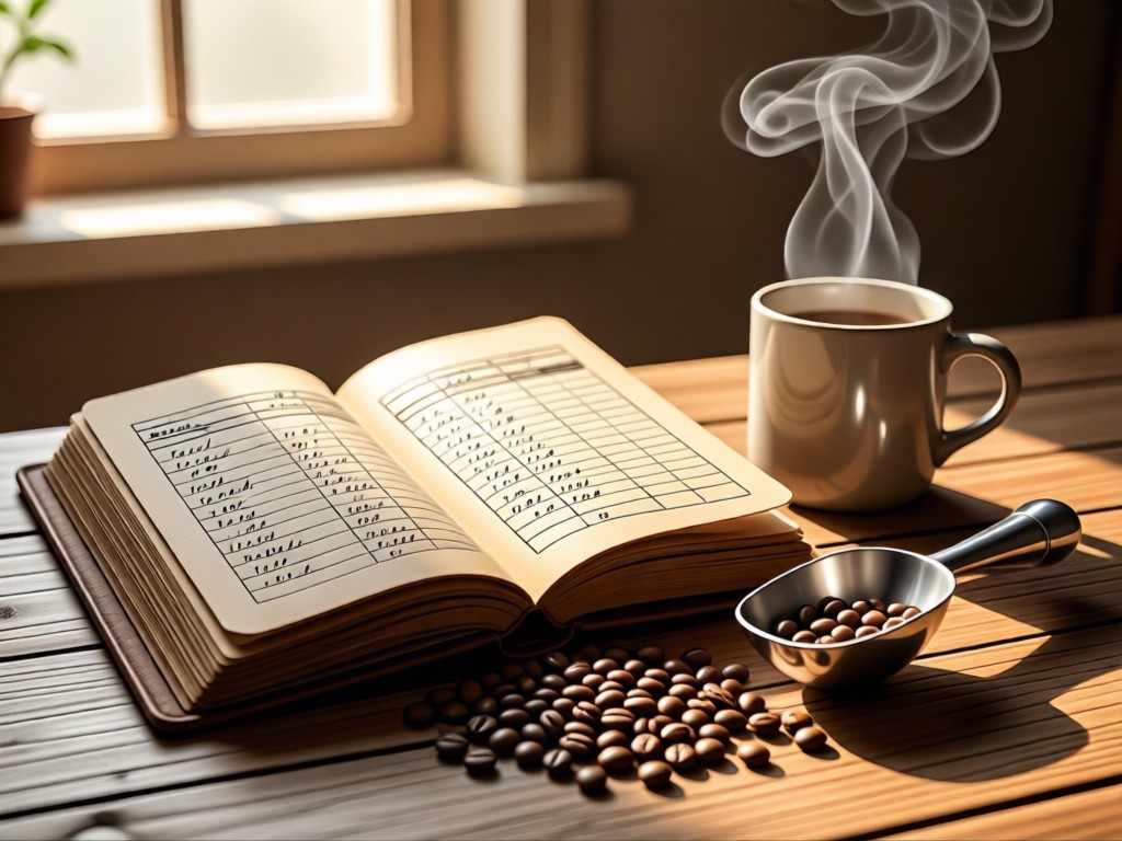 A rustic notebook open beside coffee beans and a silver roasting scoop. Pages show handwritten roast time charts. Morning light illuminates steam rising from a mug. No people.