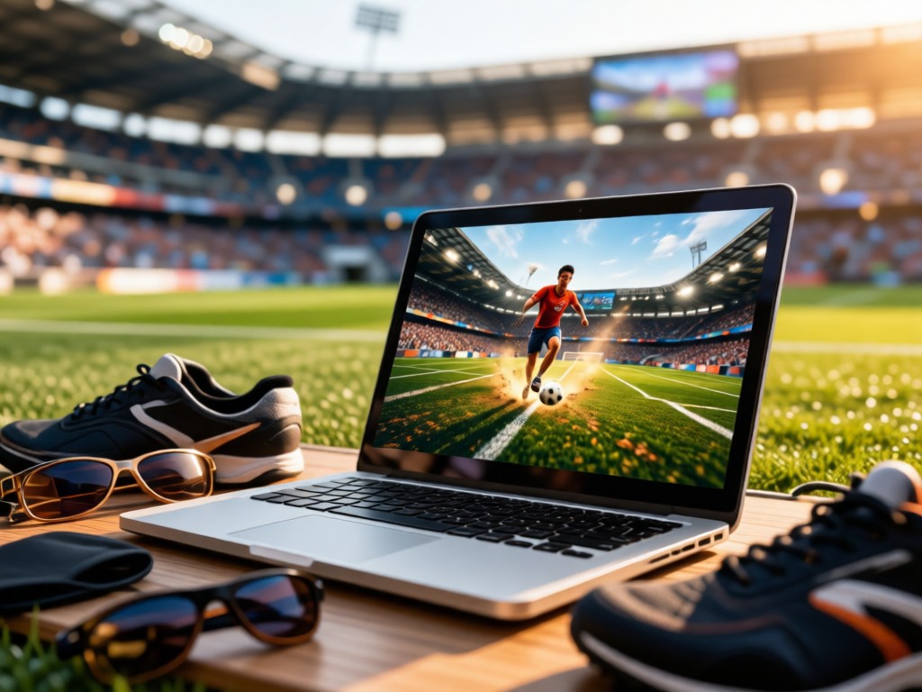 An angled shot of a laptop playing sports highlights, surrounded by athletic gear. Soft focus on a blurred stadium photo in background. Warm afternoon lighting. No people.