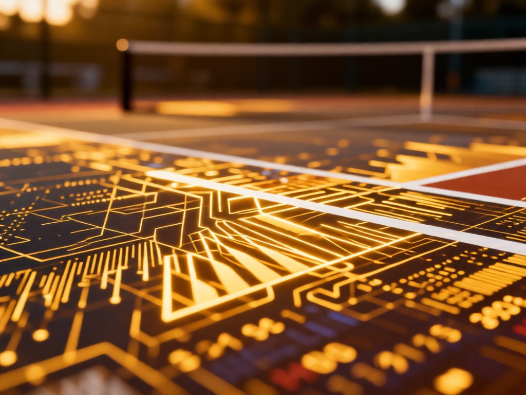 An abstract close-up of padel court lines merging with data charts. Golden light highlights the geometric patterns. Warm tones with blurred background focus. No people.