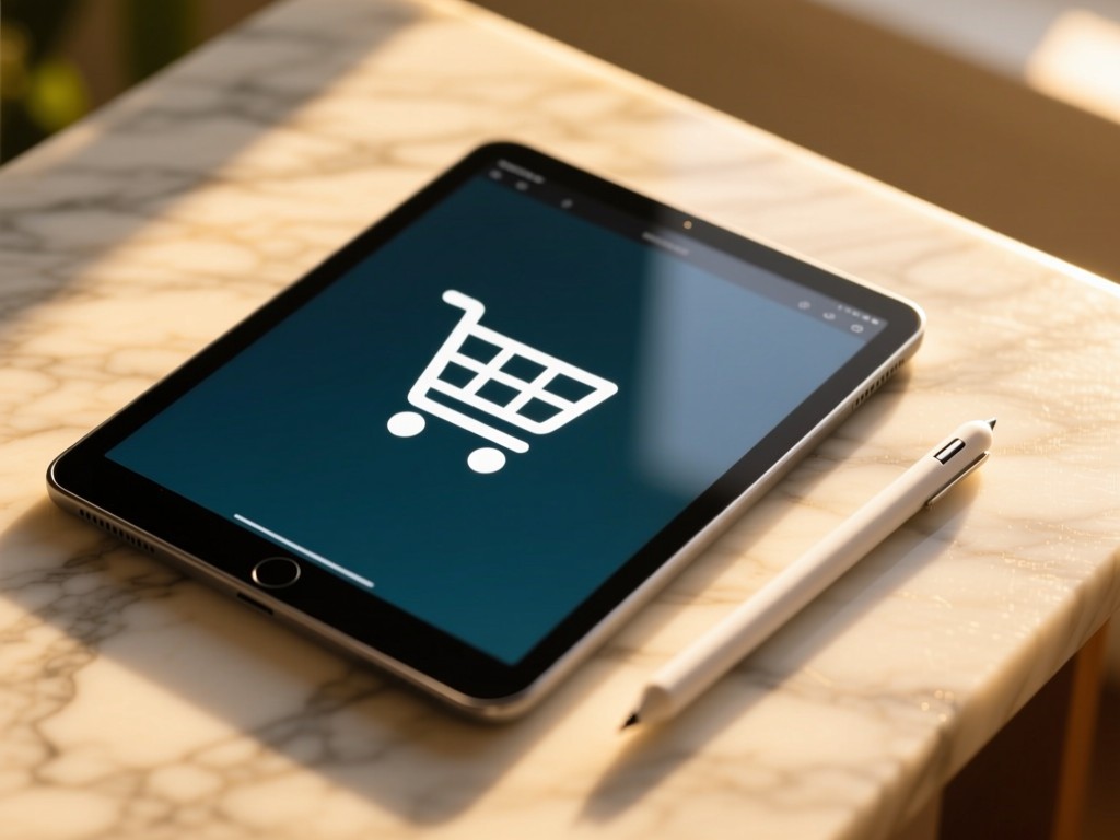 A clean tablet displaying a digital shopping cart icon beside a stylus on a marble surface during golden hour, warm sunlight creating soft shadows, minimalist tech aesthetic.