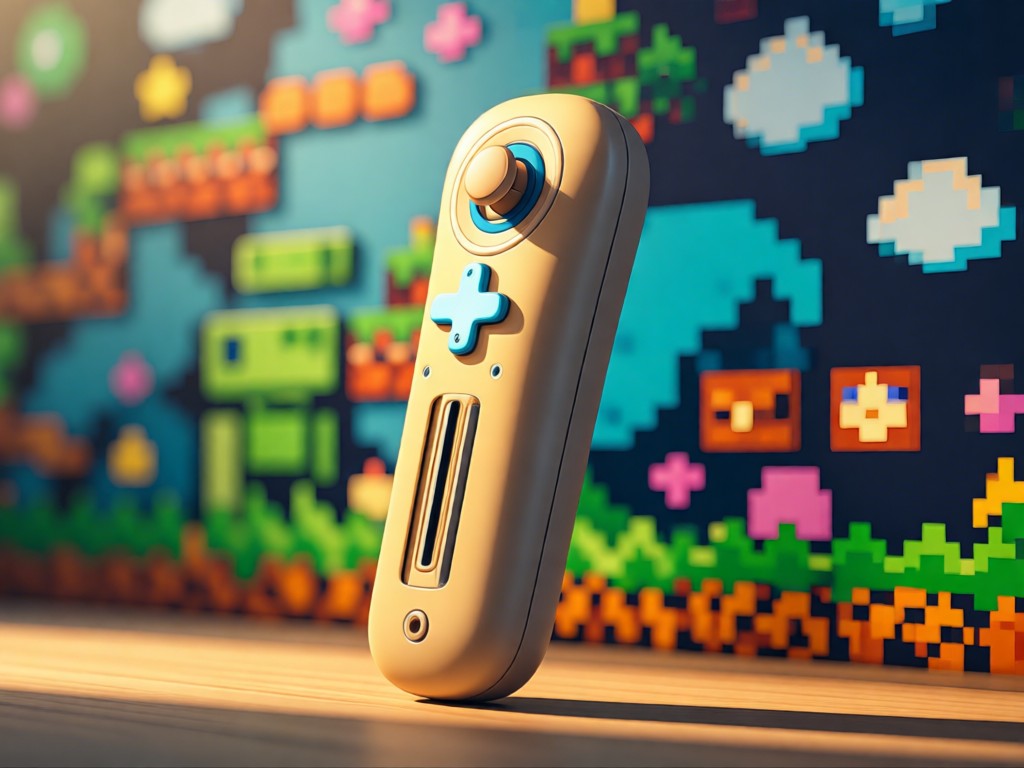 A Wii Remote standing vertically against a backdrop of pixelated game art murals. Soft focus background with golden hour glow. No people.