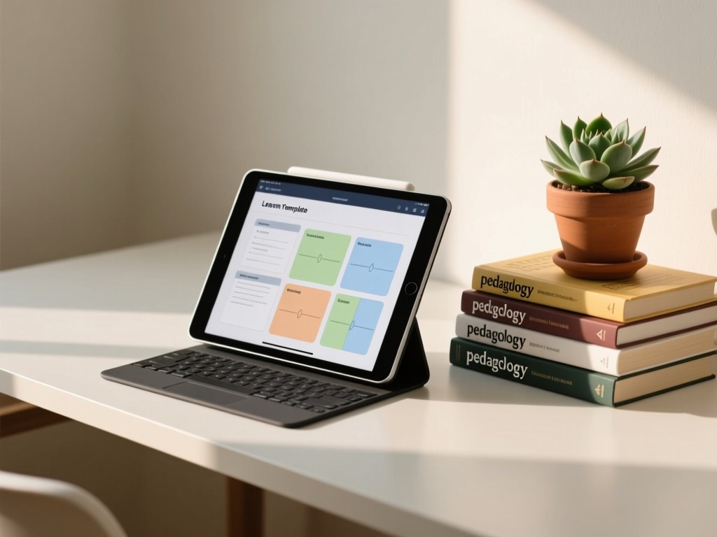 A minimalist desk with an open tablet displaying a lesson plan template. Beside it, a curated stack of pedagogy books and a potted succulent. Soft daylight highlights the textures. No people.