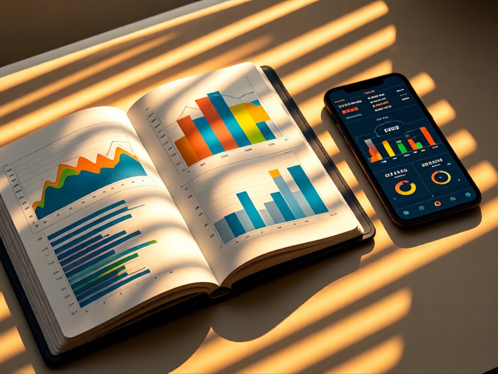 Open notebook with analytics charts beside a phone showing metrics. Golden hour light through blinds creates striped shadows. No people.
