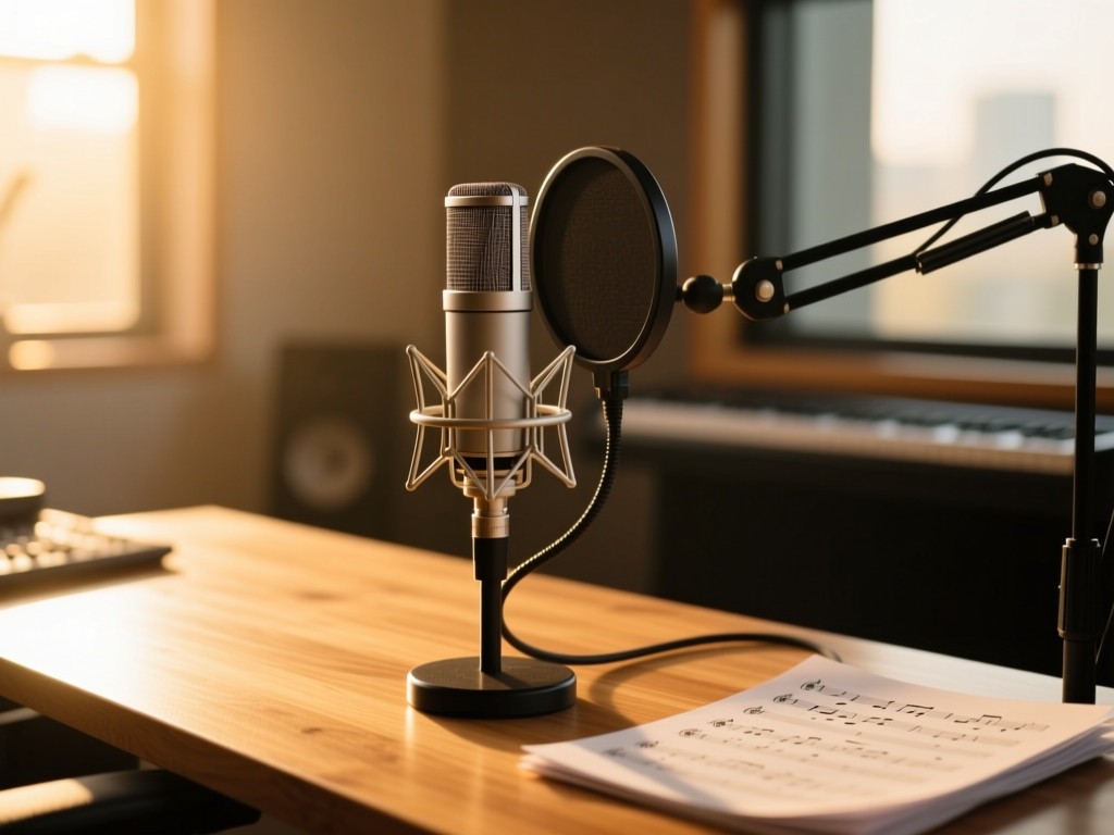 A sleek microphone on a wooden studio desk during golden hour, soft sunlight illuminating sheet music beside it, warm natural lighting, shallow depth of field, minimalist composition, no people.