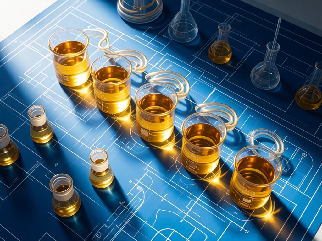Overhead shot of laboratory glassware arranged in synthesis sequence on blueprints. Golden light highlights liquid-filled beakers and coiled tubing. Clean composition with deep shadows. No people.