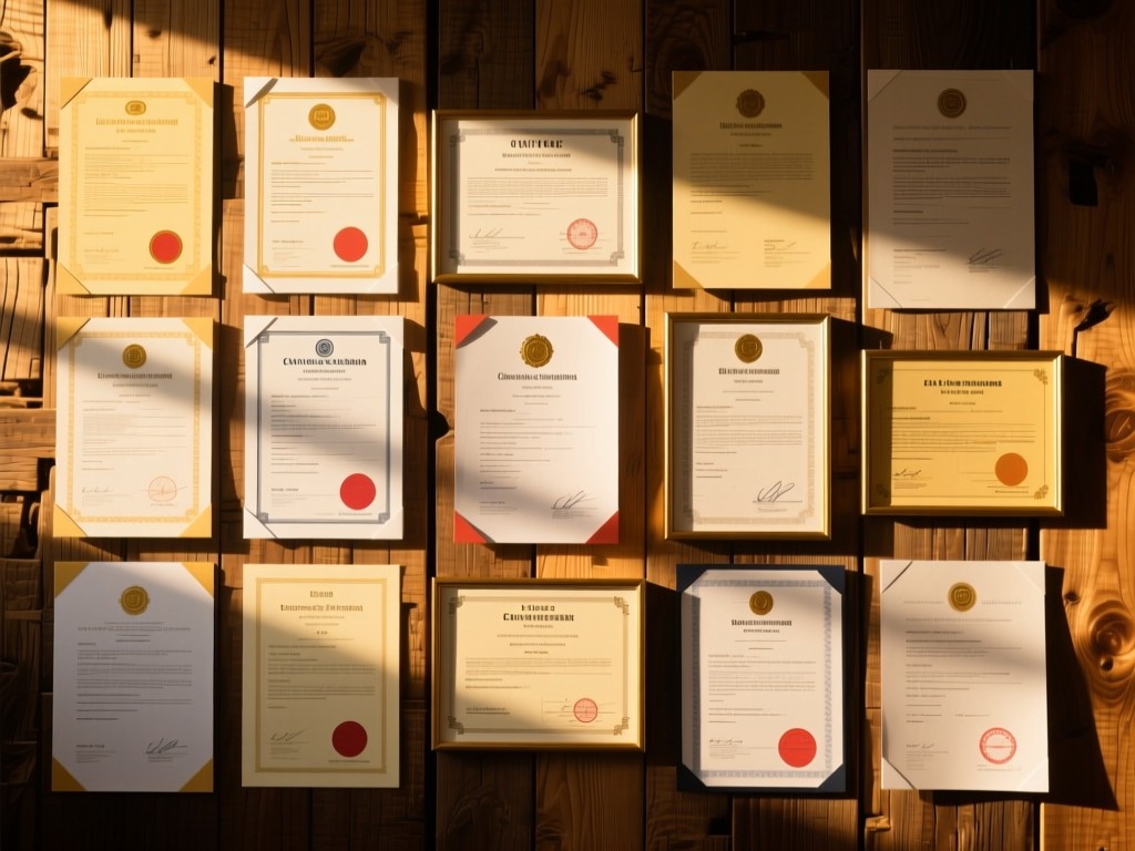 A neatly arranged collection of construction certifications against a rustic wood background. Golden hour light creates warm highlights on document edges. No people.