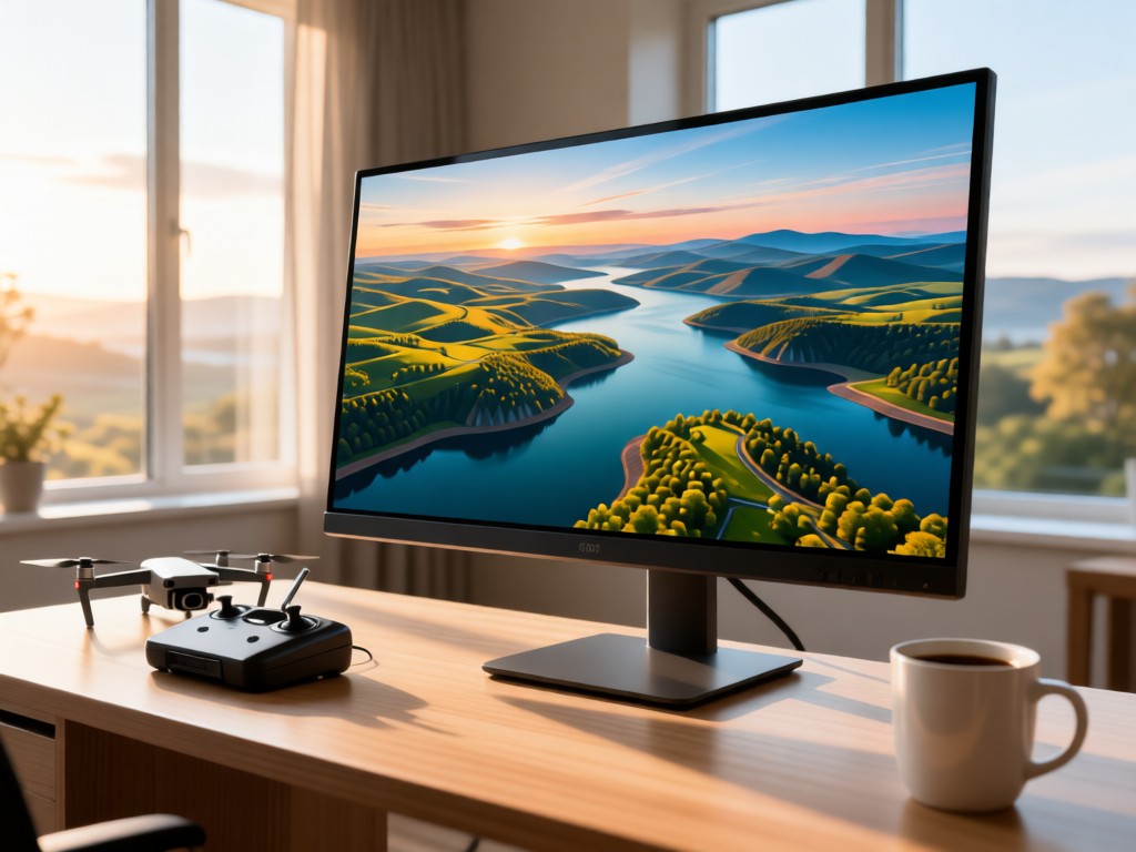 A modern monitor displaying breathtaking aerial landscape footage. Beside it, a clean desk with a drone remote and coffee mug. Soft morning light through nearby windows. No people.