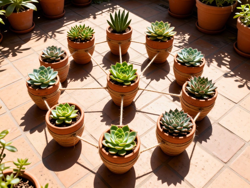 Aerial view of terracotta pots linked by garden twine on a sun-drenched patio. Each pot contains different succulents. The composition forms natural connections. No people.