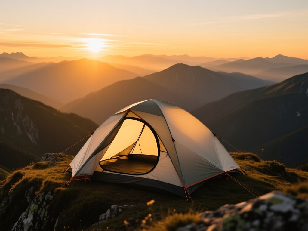 A single ultralight tent pitched on a ridge at sunset, door open toward endless mountain ranges, golden hour glow emphasizing expansion and possibility, no human presence.