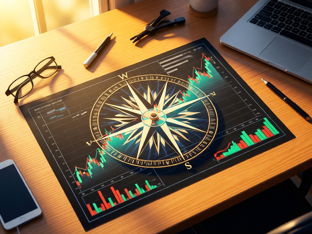 Aerial view of a compass rose overlaid on financial charts, surrounded by minimalist trading tools on a sunlit desk. Represents strategic direction and clarity. Golden hour lighting. No people.