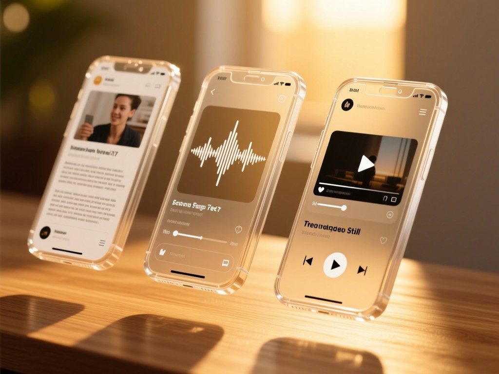 Three transparent smartphone screens floating in golden hour light, each showing different media formats (article/text, podcast waveform, video still), soft shadows on wooden surface, minimalist composition.