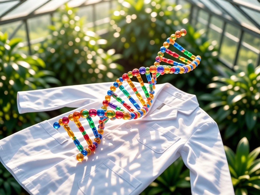 Aerial view of a single, intricate DNA helix model resting on fresh lab coat fabric in sunlit greenhouse. Symbolizes innovation and protected discovery. Soft bokeh of foliage in background. No people.