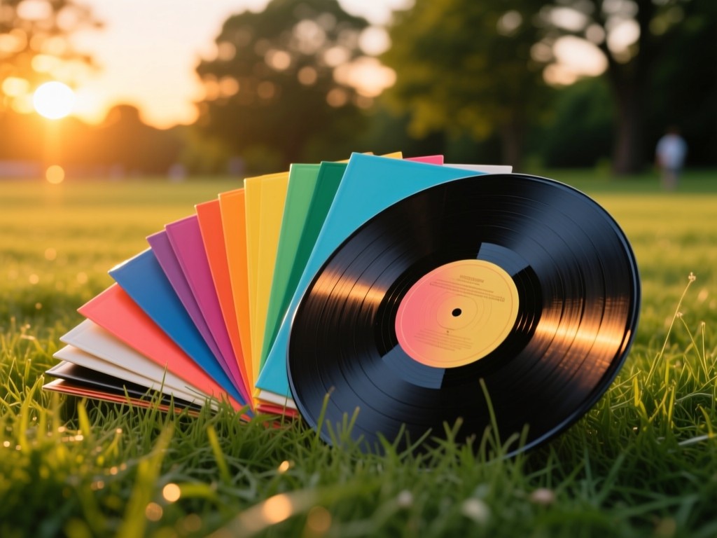 Colorful vinyl records fanned out on a grass field at sunset. Golden light catches their grooves. Background shows blurred trees. Vibrant yet minimalist composition. No people.