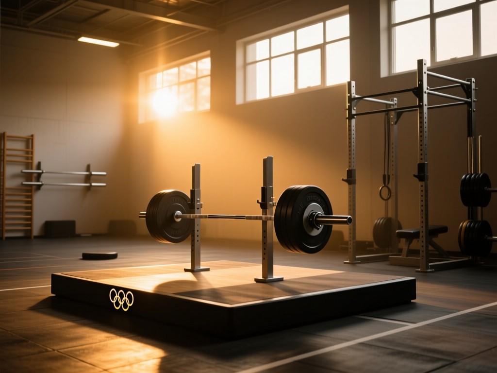 A single olympic weightlifting platform in an empty gym at golden hour, spotlight effect from high windows, symbolic of focus and professionalism, warm tones against steel equipment, minimalist composition.