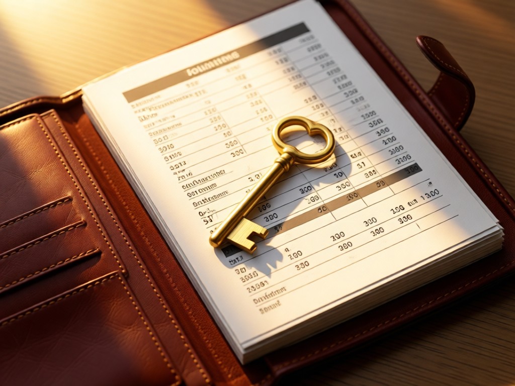 An aerial shot of a single golden key resting on financial documents in an open leather portfolio. Soft afternoon light creates warm highlights. Symbolizes security and solutions. No people.