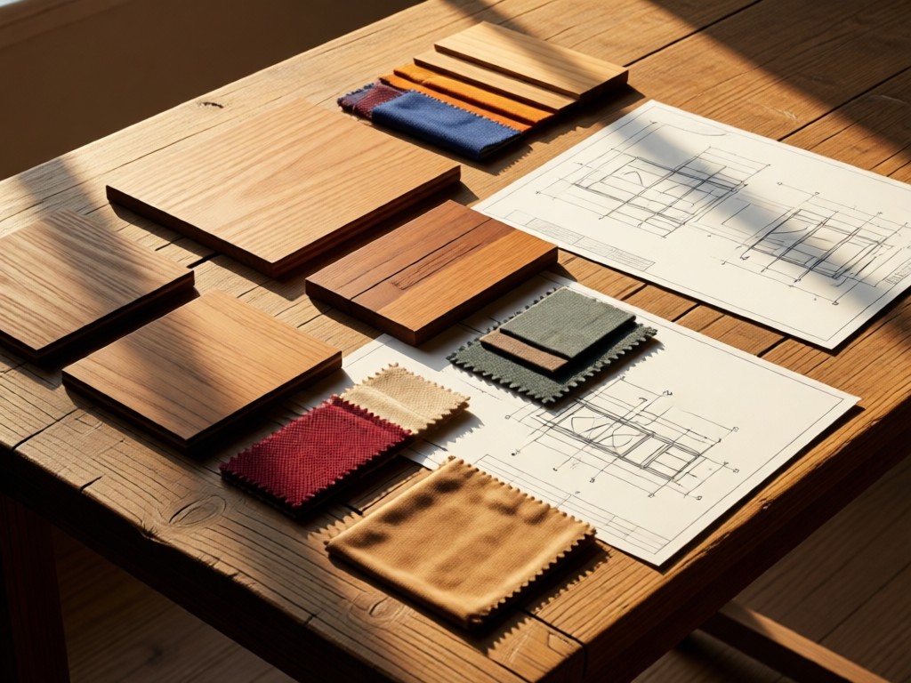A designer mood board with wood samples, fabric swatches, and blueprint sketches on a rustic table. Warm afternoon light creates depth through layered textures. No people.