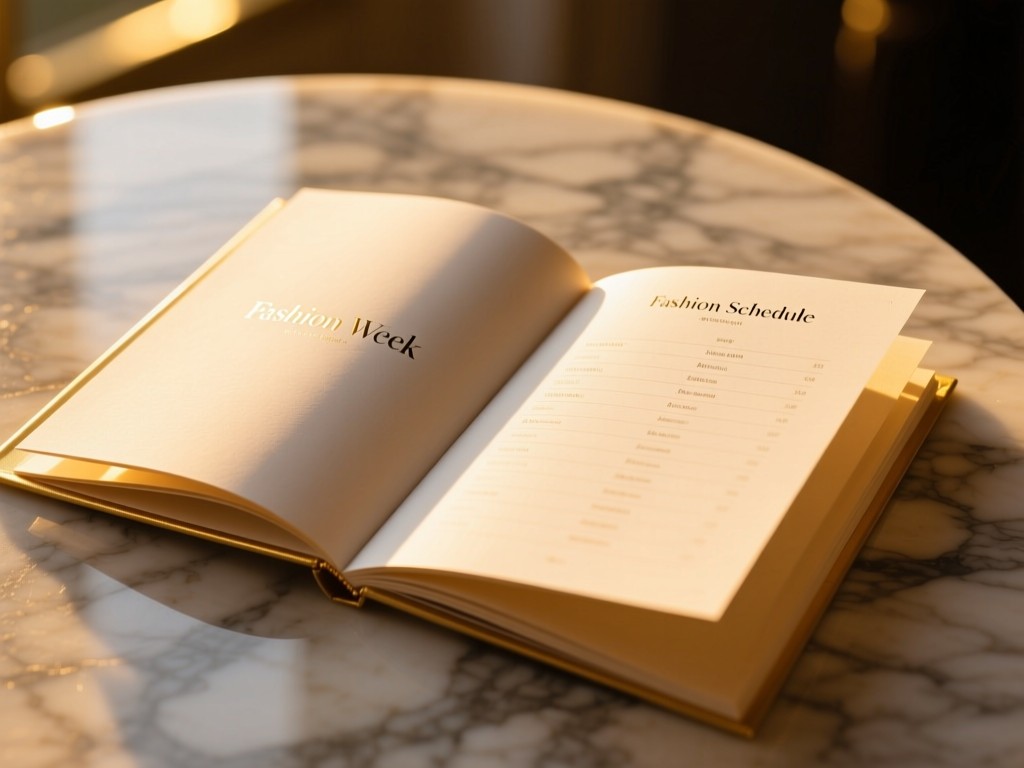 An elegant fashion week schedule booklet open on a marble surface during golden hour, golden light catching the edges, shallow focus, warm tones, no text visible.