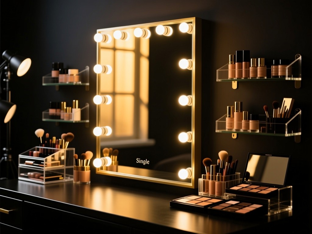 Single illuminated vanity mirror reflecting golden hour light in an otherwise dark studio, surrounded by elegant makeup organizers, symbolizing focus and professional presentation.