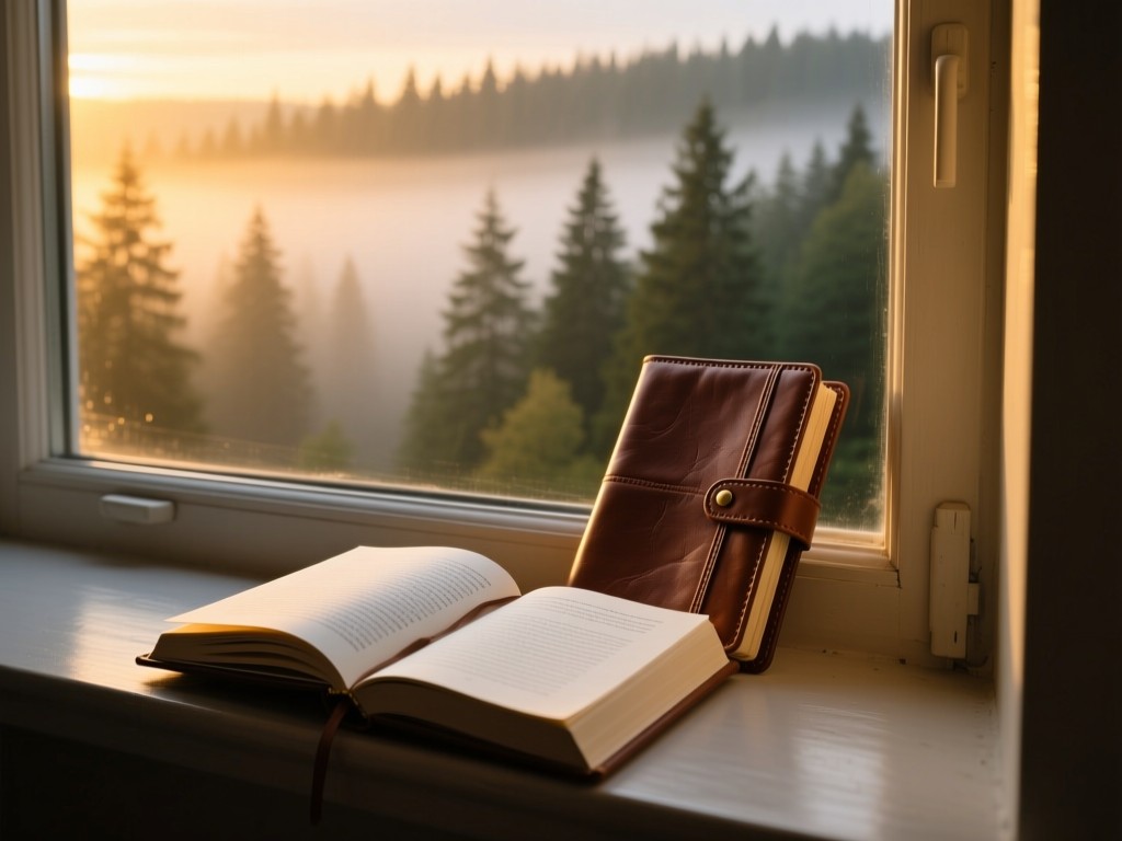 A single leather-bound journal on a windowsill overlooking a misty forest. Golden hour light illuminates the pages. Symbolizes organized content and clarity.