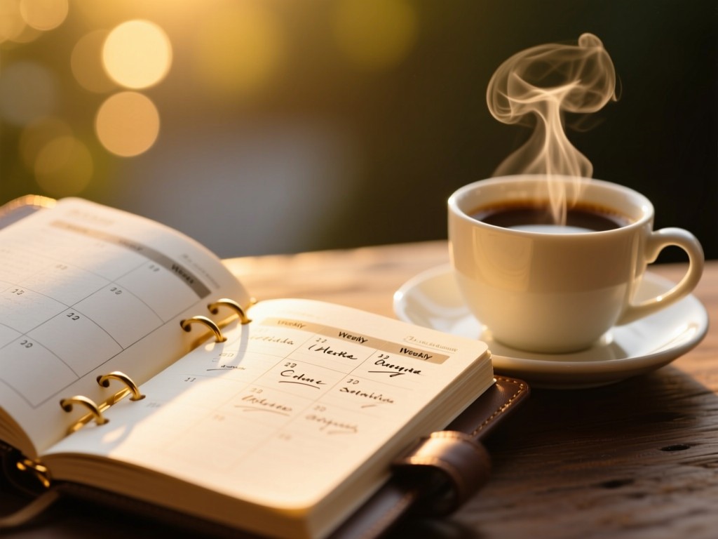An elegant planner open to a weekly schedule beside a steaming coffee cup. Golden hour light highlights handwritten appointments. Soft background bokeh. No people.
