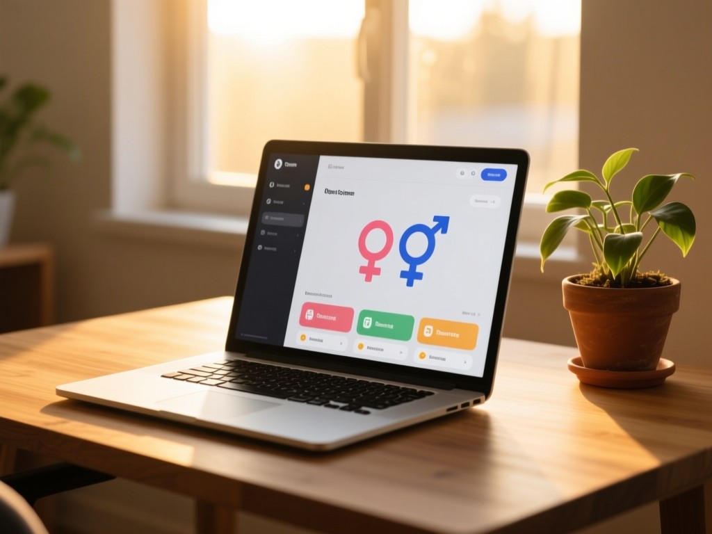 Open laptop on a wooden desk during golden hour, screen showing a clean interface with gender equality icons and resource categories, soft sunlight through window, potted plant nearby, minimalist composition.