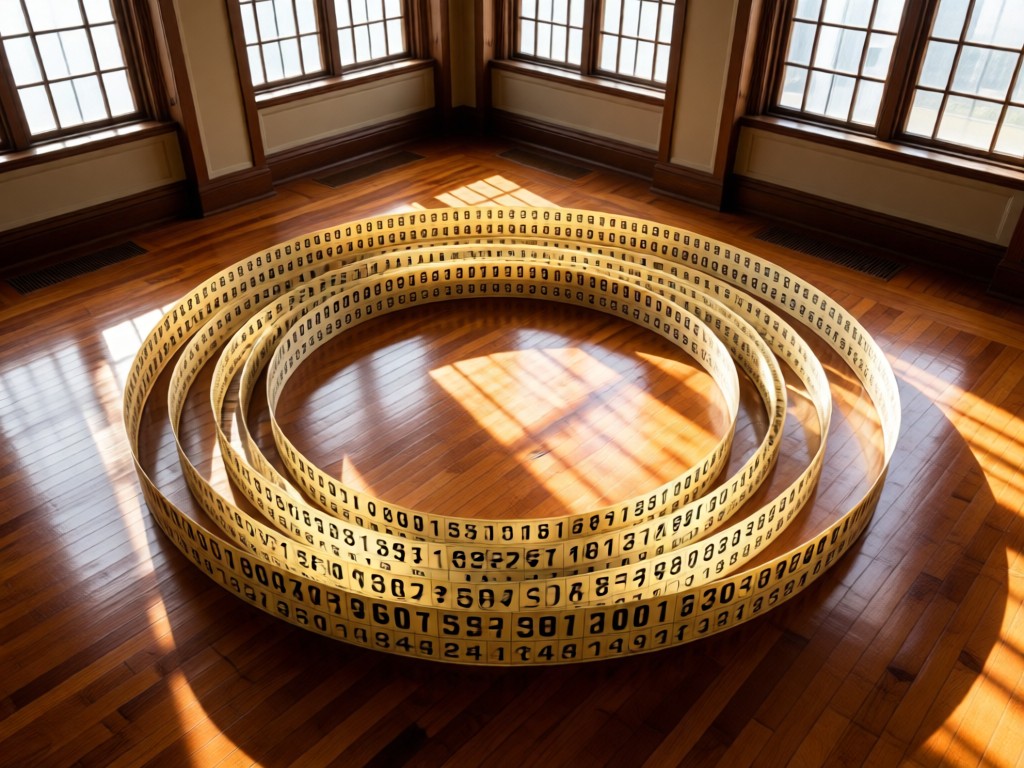 Aerial view of a vintage stock ticker tape forming a circle on a polished wood floor. Sunlight highlights the texture through large windows. Symbolizes precision and market continuity. No people.