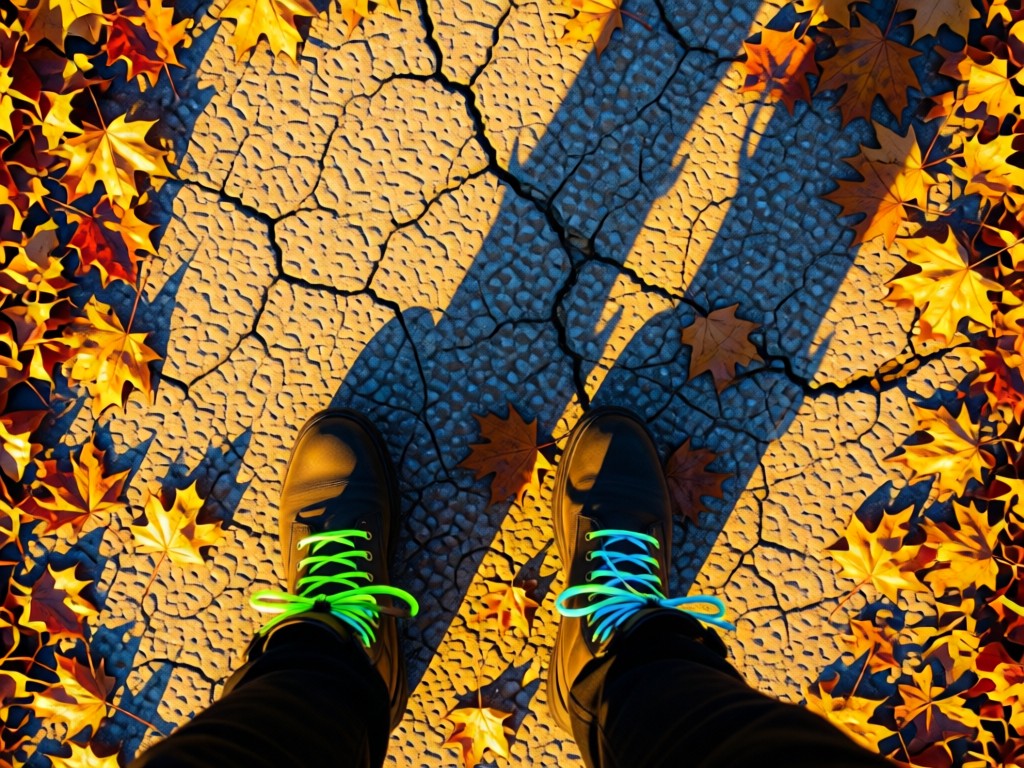 Overhead shot of combat boots with neon laces standing on cracked pavement surrounded by autumn leaves. Golden hour light creates long shadows. Symbolizes standing out. No people.