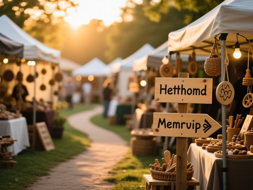 A winding path through a craft fair at golden hour, booths visible in soft focus. Warm light highlights handmade signs. Natural color palette, depth, and motion blur suggesting discovery.