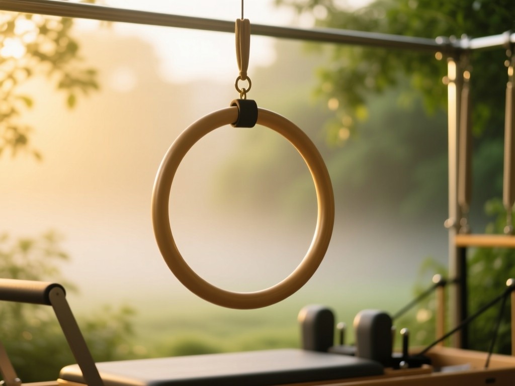 A single elegant Pilates ring suspended in golden light against blurred greenery, morning fog atmosphere, soft focus on the prop, symbolizing holistic growth, no humans.