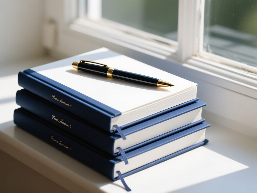 A stack of premium notebooks with elegant pens on a sunlit windowsill. Crisp white pages contrast with deep blue covers. No people.