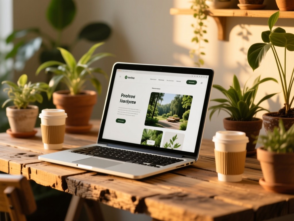 A bamboo laptop on a reclaimed wood desk during golden hour, screen displaying a clean portfolio with nature-themed content, surrounded by potted plants and reusable cups, soft natural lighting, shallow depth of field.