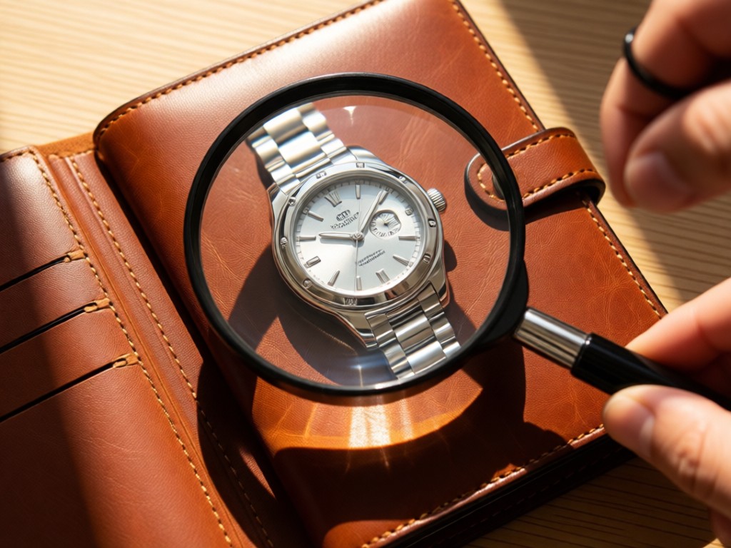 Aerial view of magnifying glass focusing on platinum watch on leather portfolio. Warm sunlight creates clean highlights. No people.