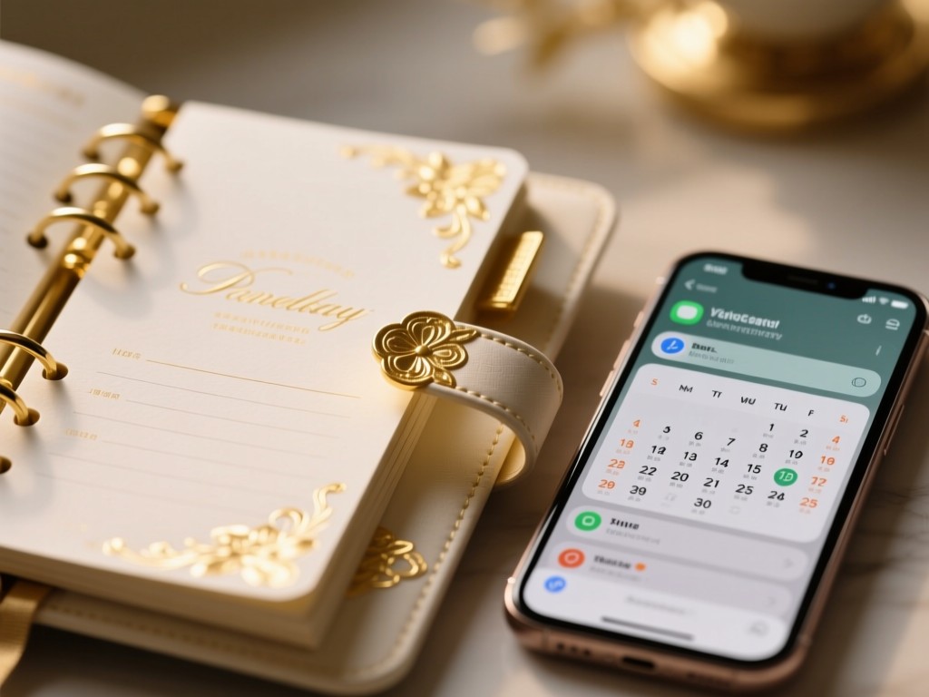 Close-up of elegant paper planner with gold foil details beside a smartphone displaying calendar notifications. Soft bokeh background.