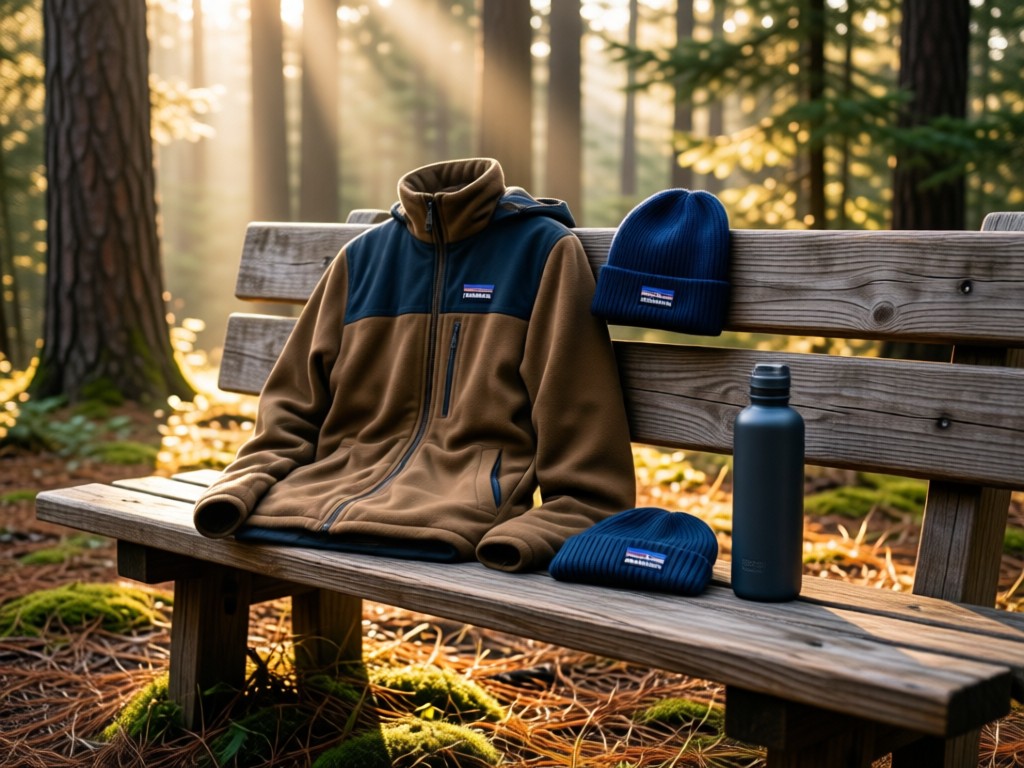 An artfully arranged collection of Patagonia gear on a rustic wooden bench. A fleece jacket, beanie, and water bottle catch soft morning light in a pine forest. No people.