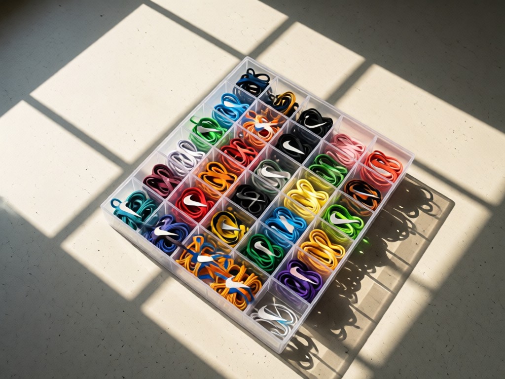 Overhead shot of a transparent grid organizer holding colorful Nike shoelaces. Soft morning light creates geometric patterns on a minimalist concrete surface. No text or people.
