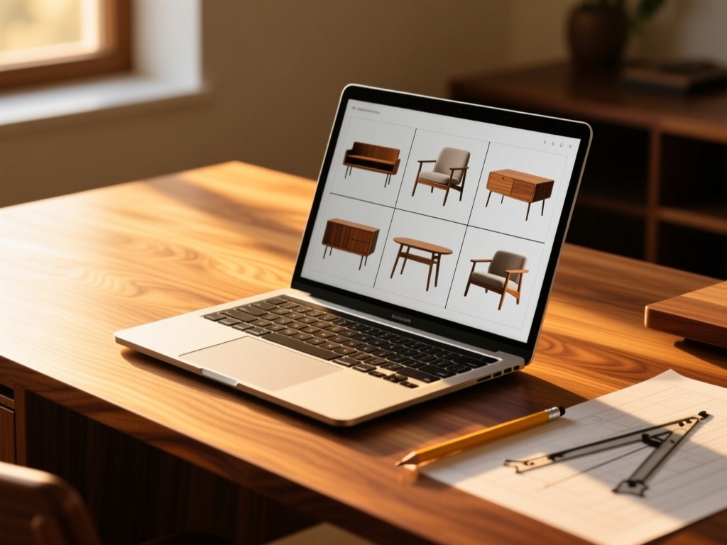 A mahogany desk at golden hour, laptop open displaying a grid of furniture designs, sunlight highlighting wood grain, minimalist workspace with a drafting pencil, shallow depth of field, warm tones.