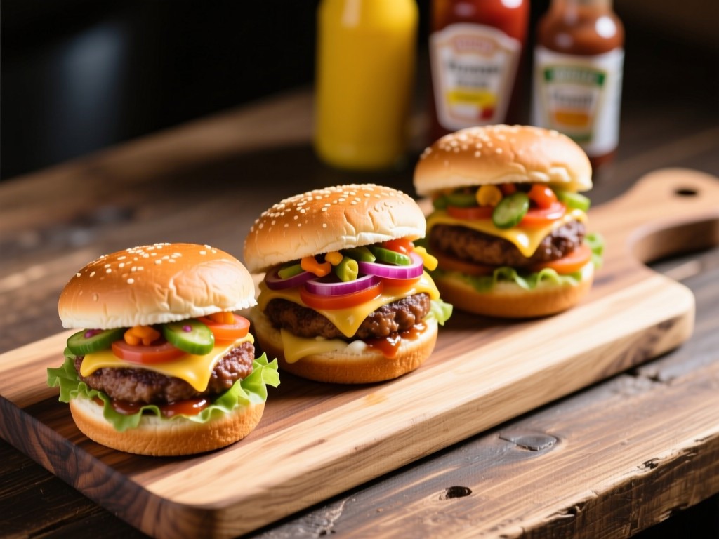 Overhead shot of a rustic wooden board holding three gourmet sliders with colorful toppings. Natural light highlights textures and freshness. Condiment bottles blurred in background. No people.