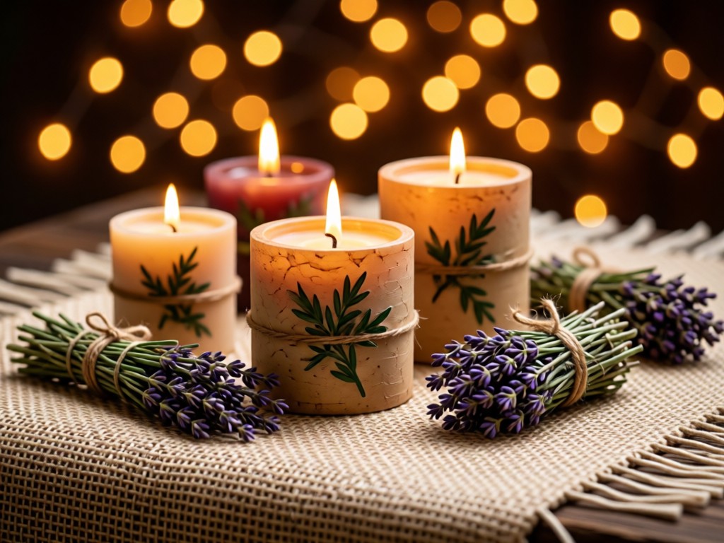 Handmade candles and herb bundles arranged on a woven tapestry. Shallow focus with warm bokeh lights in background. Textured natural materials. No people.