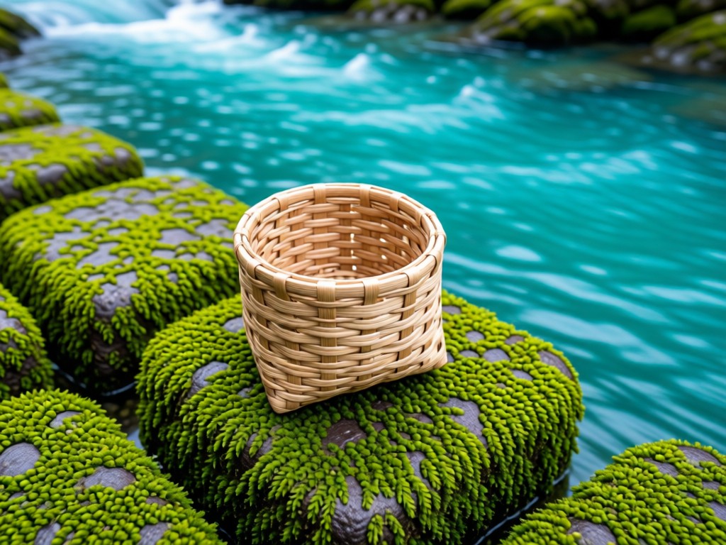 Aerial view of a woven flax kete basket on mossy river stones. Turquoise water flows gently in background. Symbolizes tradition meeting digital reach. No people.