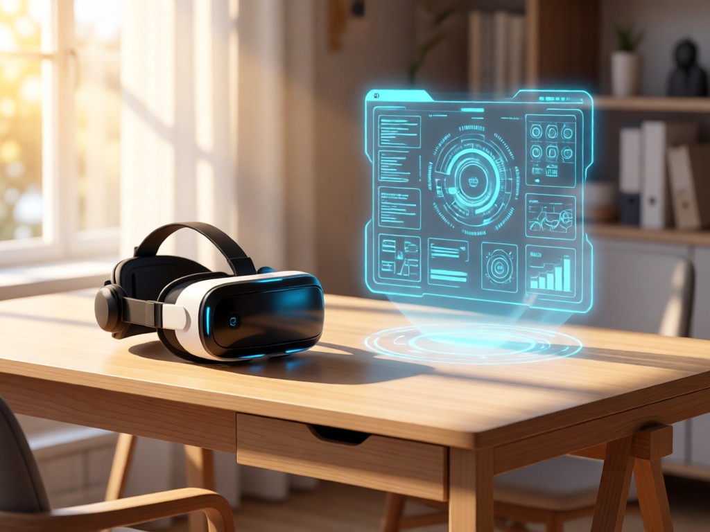 A minimalist desk with VR goggles placed beside a glowing holographic interface projection. Soft afternoon light creates clean shadows. Focus on technology integration. No people.