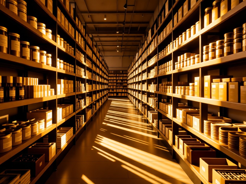 Golden hour shot of neatly organized merchandise shelves extending into distance. Sunlight creates alternating bands of light and shadow. Symbolizes order and discoverability. No people.