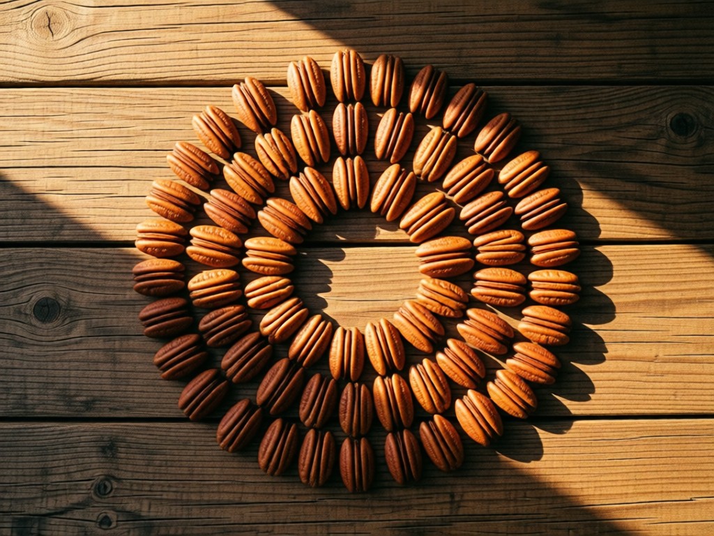 Overhead shot of raw pecans arranged in circular patterns on a rustic wooden table. Soft shadows cast by late afternoon sun. Earthy tones with warm highlights. No people.