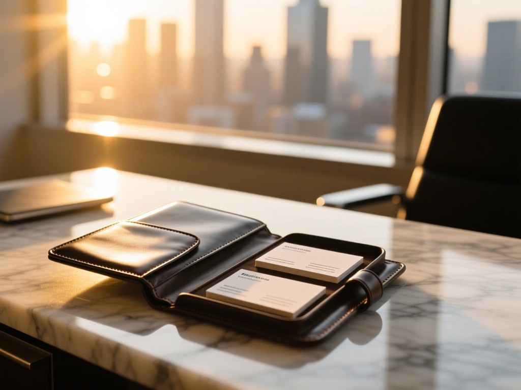A sleek leather portfolio open on a marble desk during golden hour, sunlight highlighting minimalist business cards inside, blurred cityscape through window, warm natural lighting, shallow depth of field.