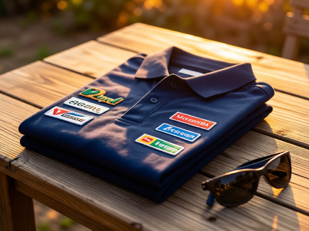 Neatly folded polo shirt with embroidered sponsor logos beside sunglasses on a rustic table. Warm sunset glow. No people.